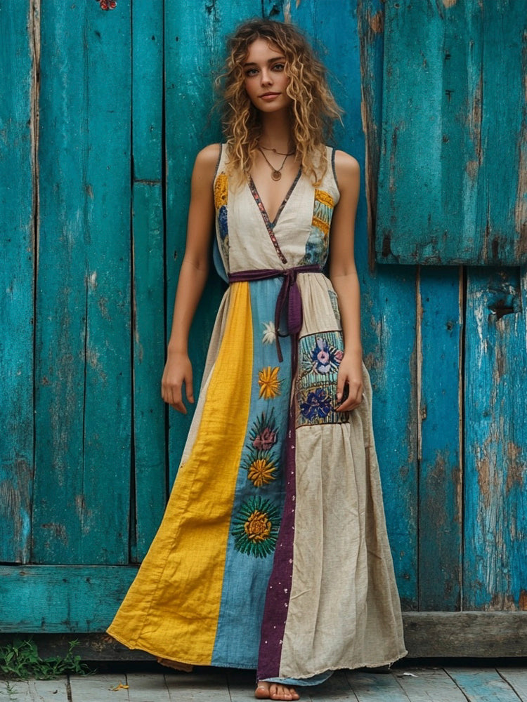 Vintage Boho Floral Embroidered Women's Linen Vest Maxi Dress artswardrobe