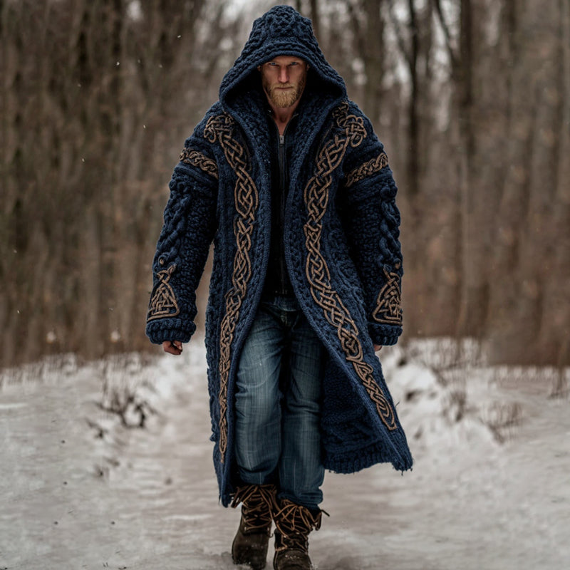 Men's Viking Celtic Knot Art Mid-length Chunky Knit Cardigan Sweater artswardrobe