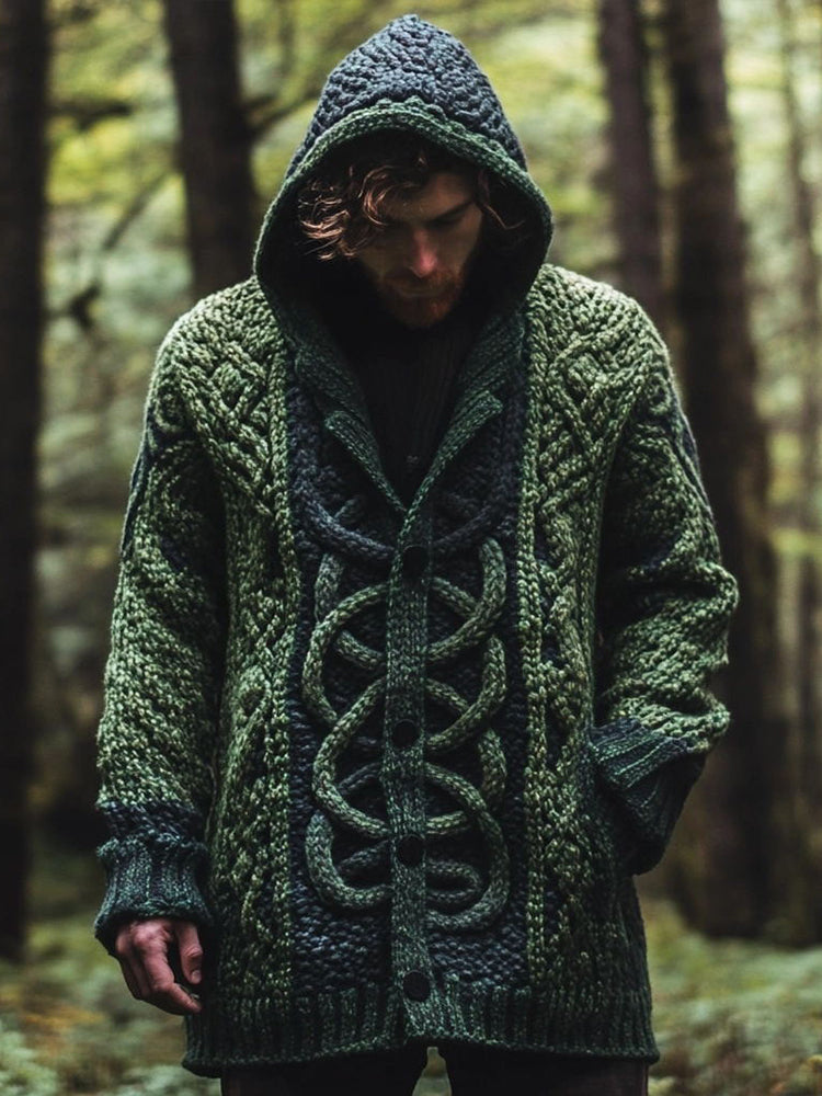 Men's Vintage Celtic Knot Chunky Knit Hooded Cardigan artswardrobe