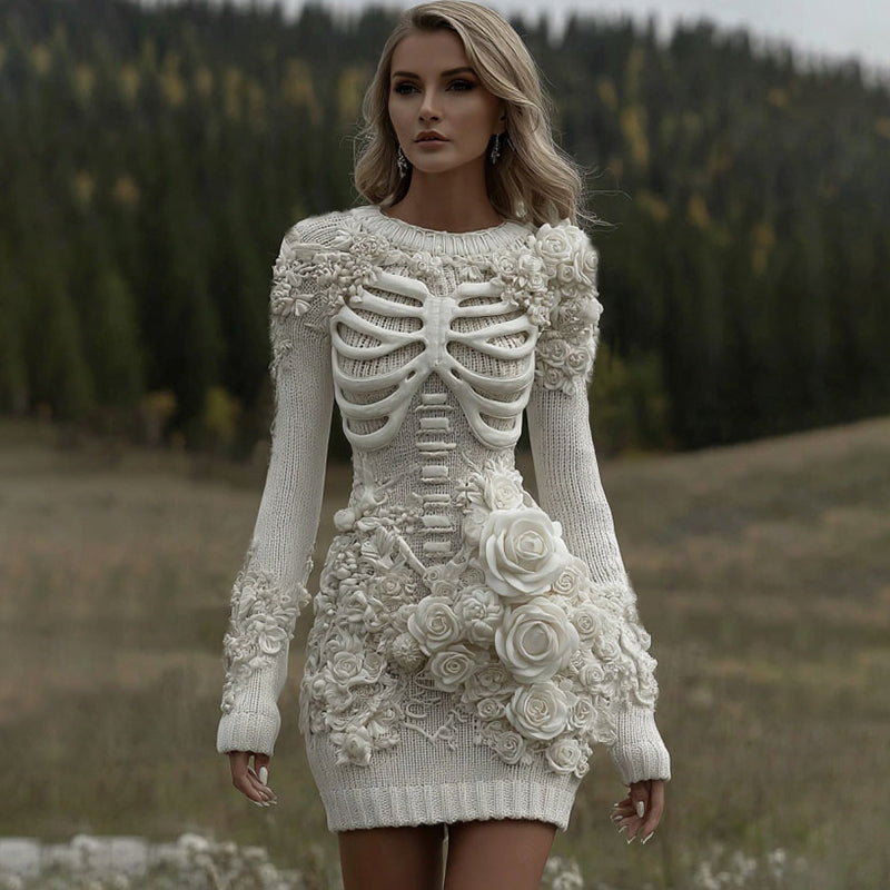 Women's Vintage Skeleton With White Rose Art Cozy Sweater Dress artswardrobe