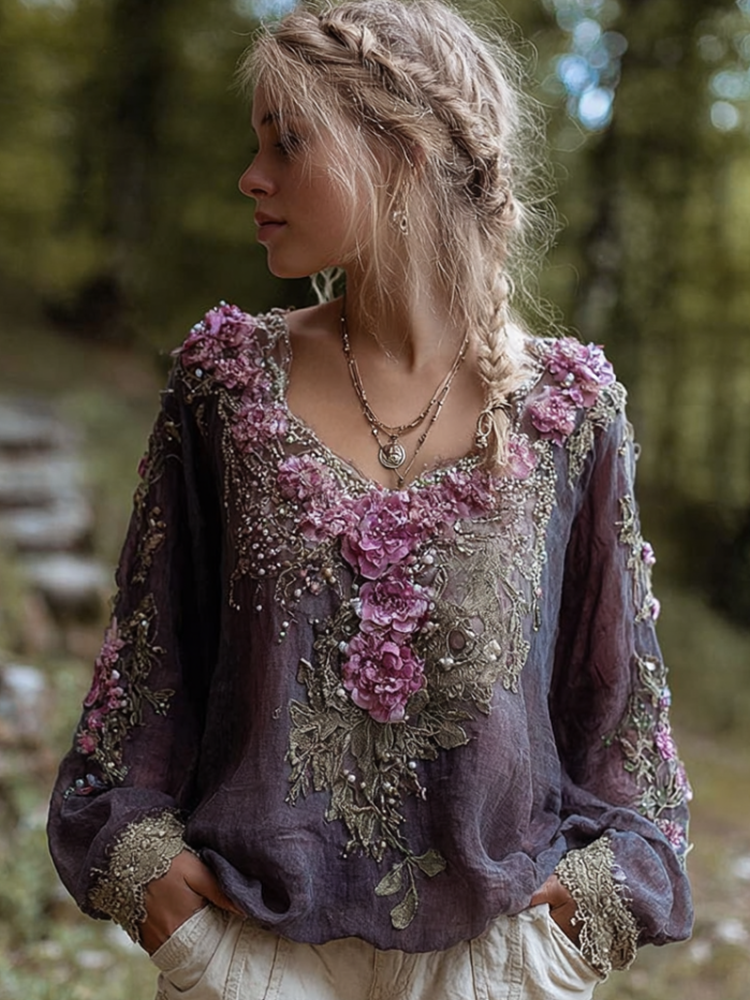Comstylish Bohemian Style Round Neck Long Sleeve 3d Purple Flower Design Cotton And Linen Top For Women