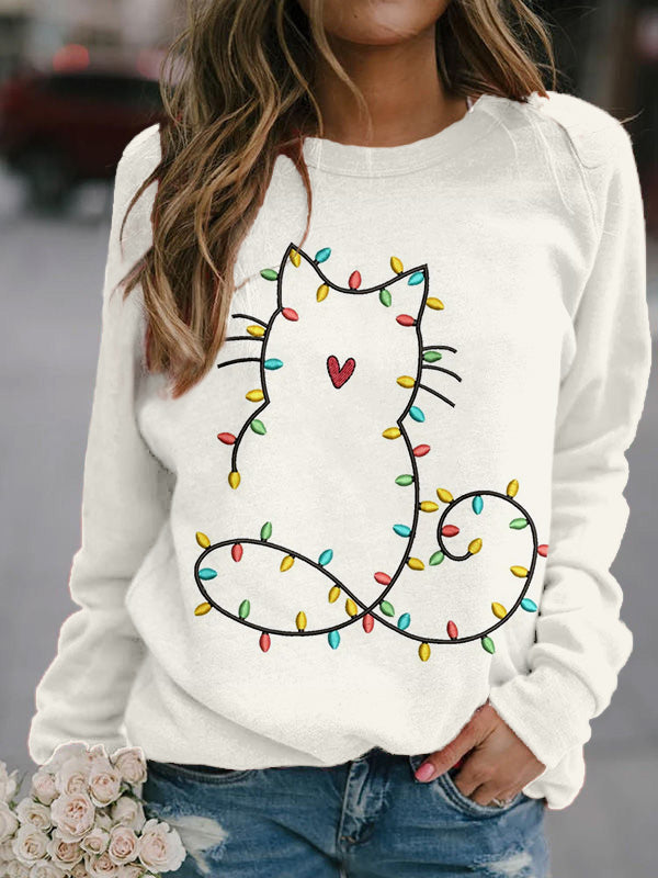 Comstylish Vintage Cute Christmas Light Cat Embroidered Cozy Sweatshirt