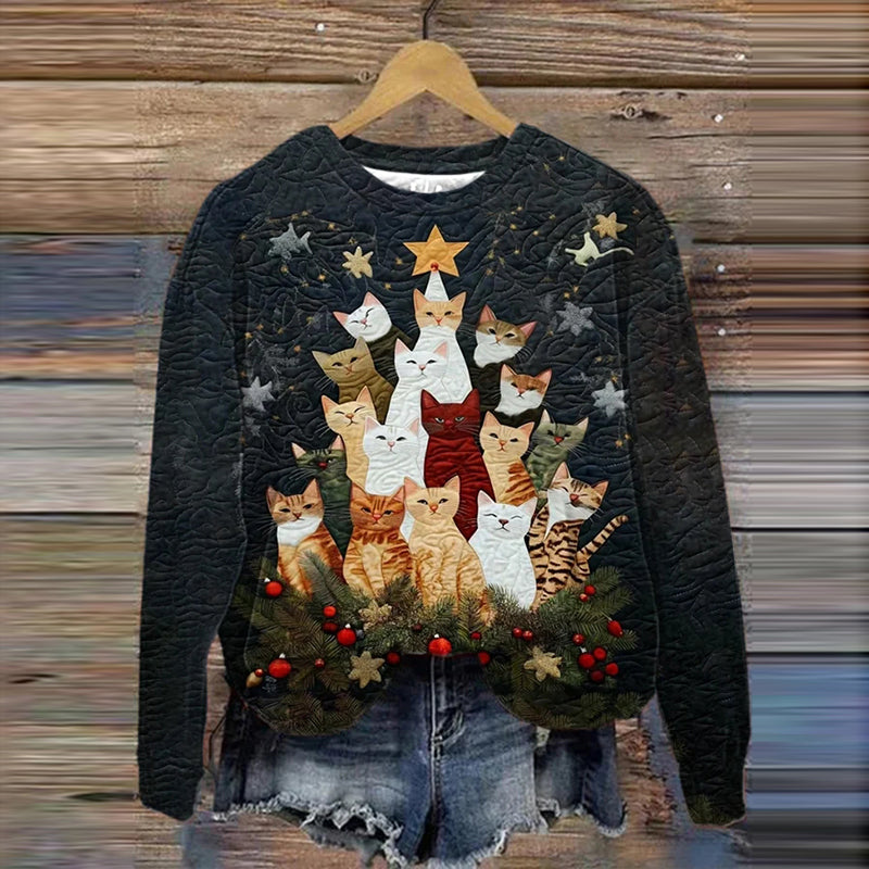 Women's Merry Christmas Cat Christmas Tree Print Casual Sweatshirt elevenforest