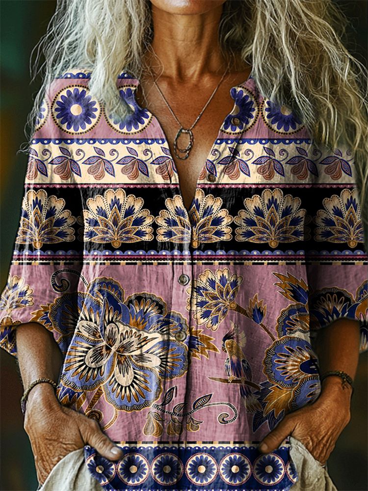 Women's Vintage Floral Pattern Art Print Linen Cotton Casual Shirt