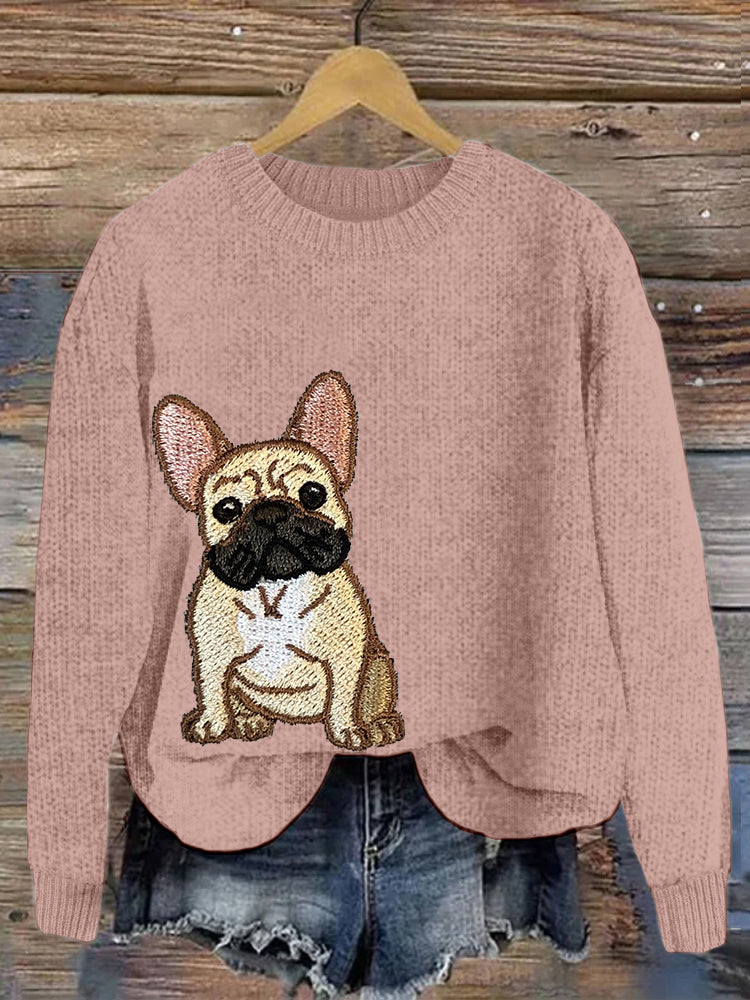 Comstylish Cute French Bulldog Embroidered Cozy Sweater