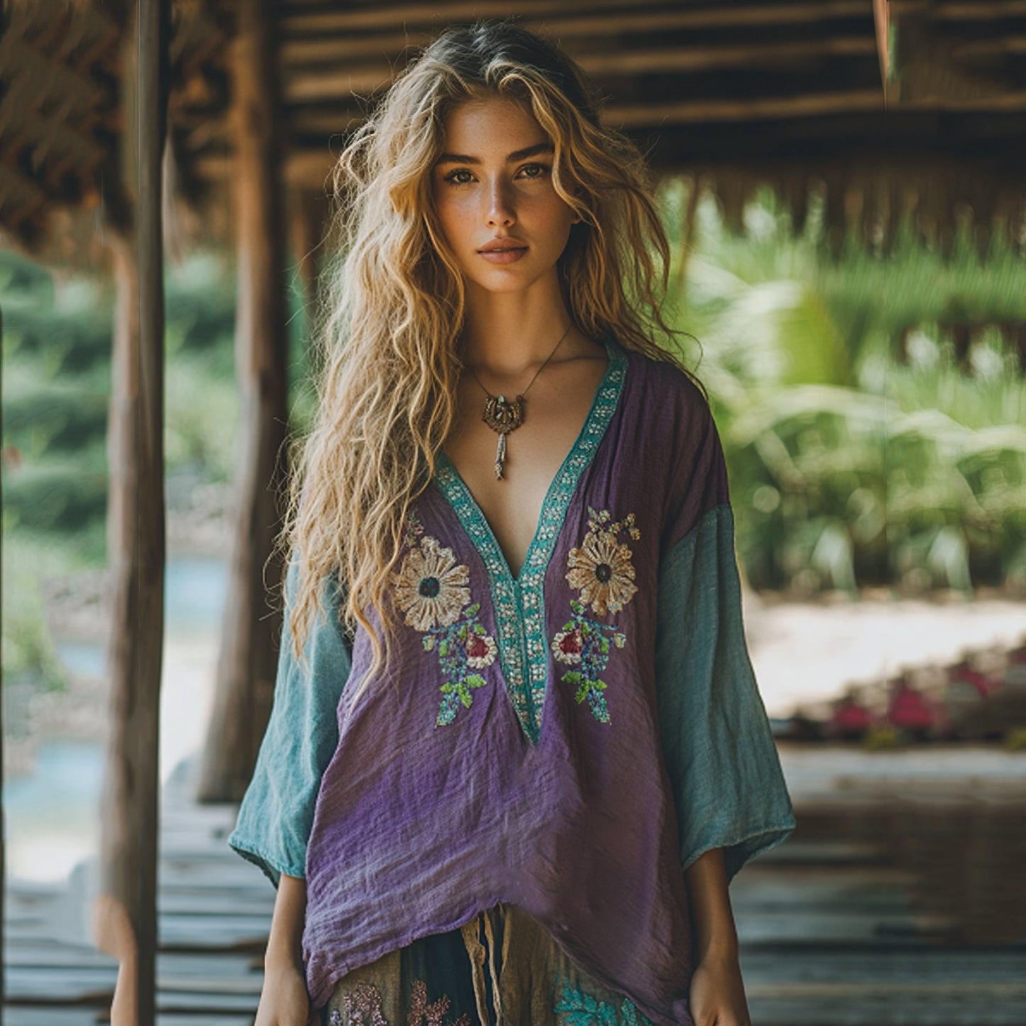 Comstylish Retro Boho Tribal Floral Art Embroidery Print Cotton And Linen V-neck Loose Shirt