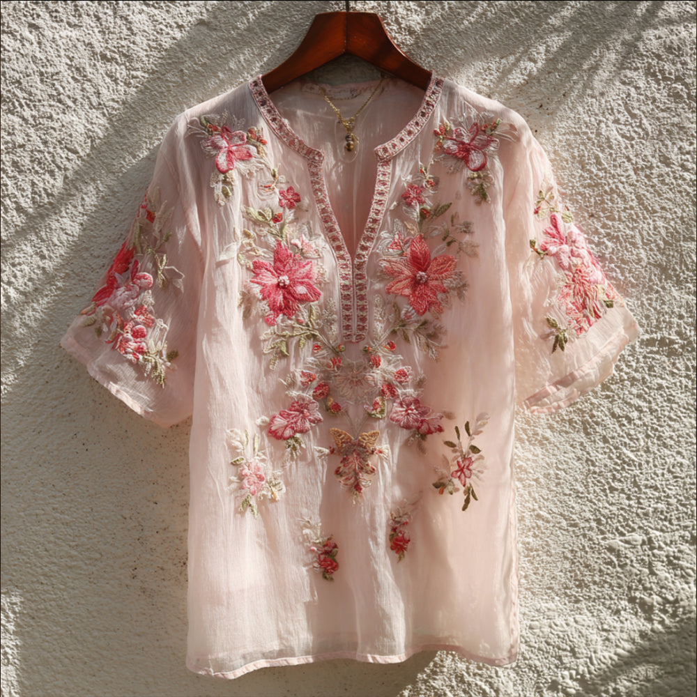 Breast Cancer Awareness Flower 3d Embroidery Flower V-neck Short Sleeve Top artswardrobe