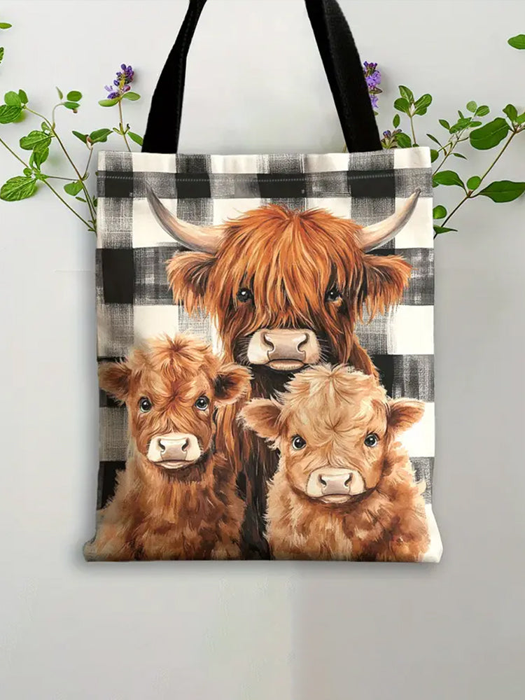 Country Highland Cow Plaid Print Canvas Bag artswardrobe
