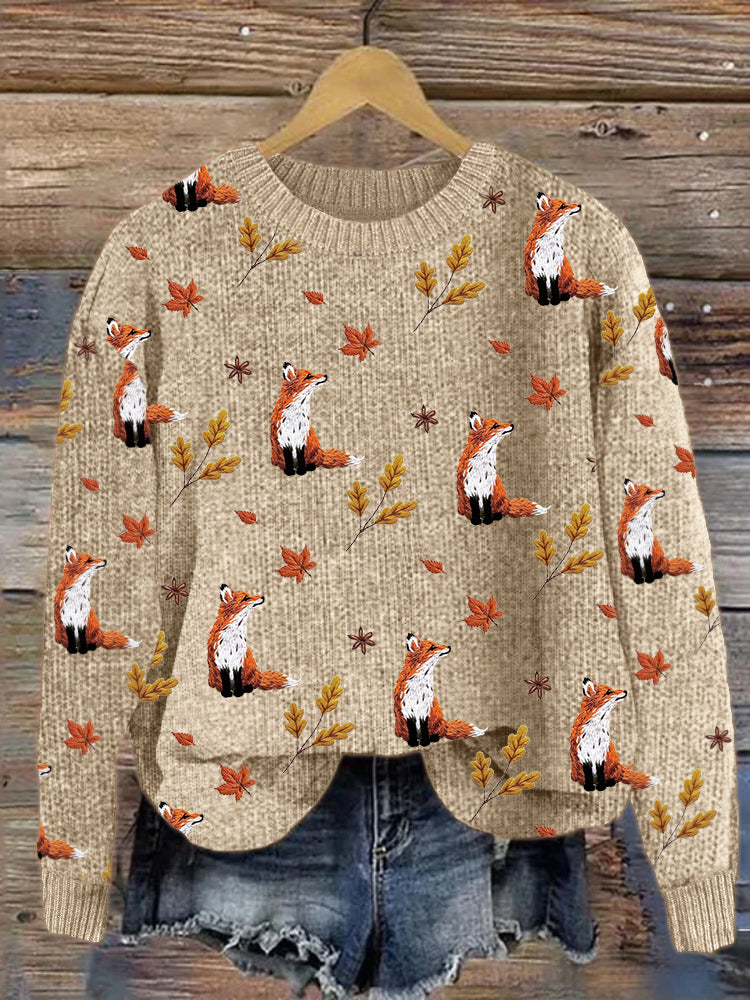 Forest Fox Floral Embroidery Pattern Cozy Knit Sweater artswardrobe