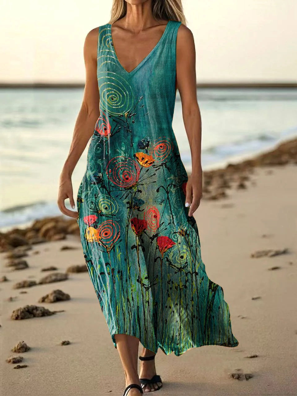 Women's Floral Art Print Pocket Cotton Dresses