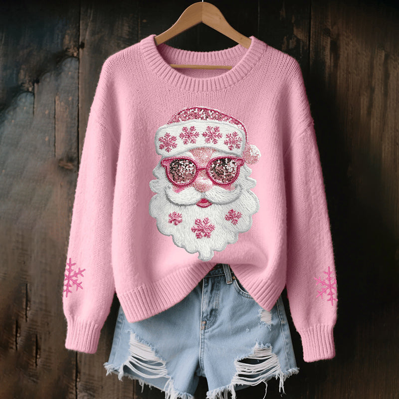 Women's Christmas Santa Claus Print Cozy Knit Pullover Sweater artswardrobe