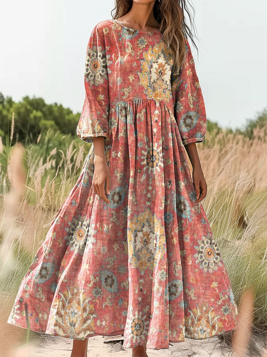 Women's Retro Ethnic Totem Print Flowy Cotton Crew Neck Dress