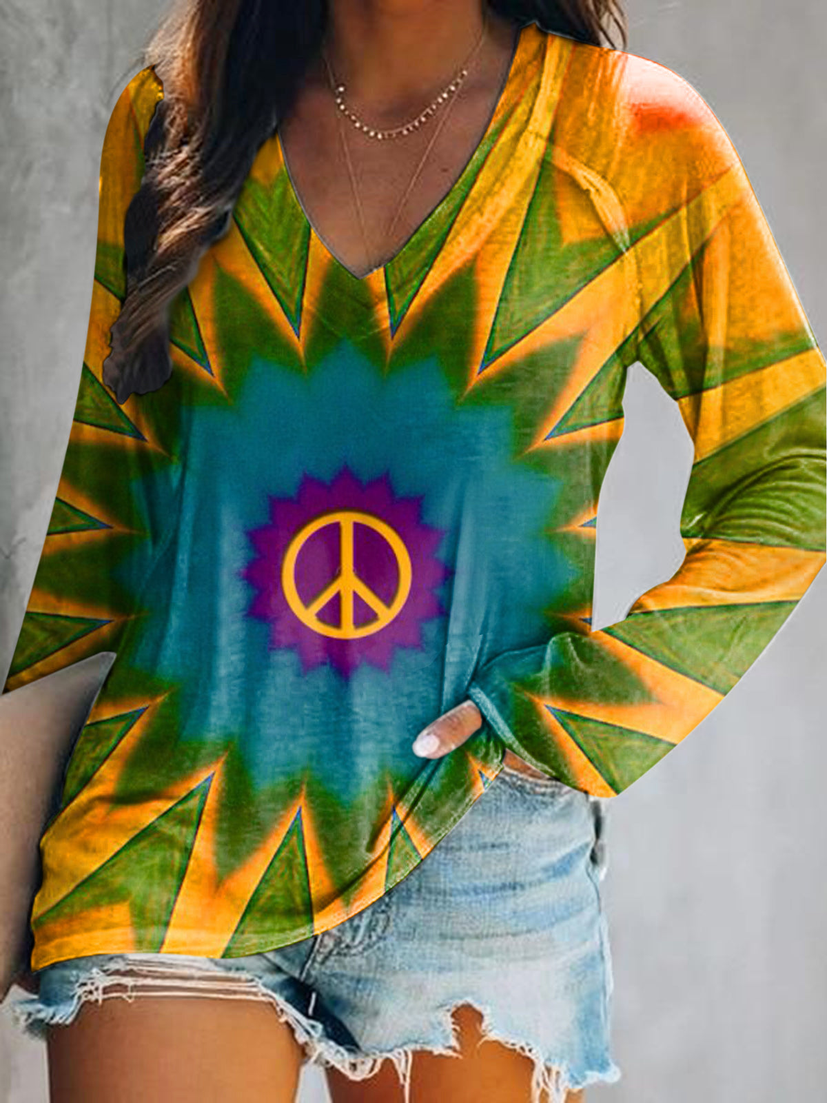 Women's Casual Hippie Art Print V Neck Long Sleeve Tops