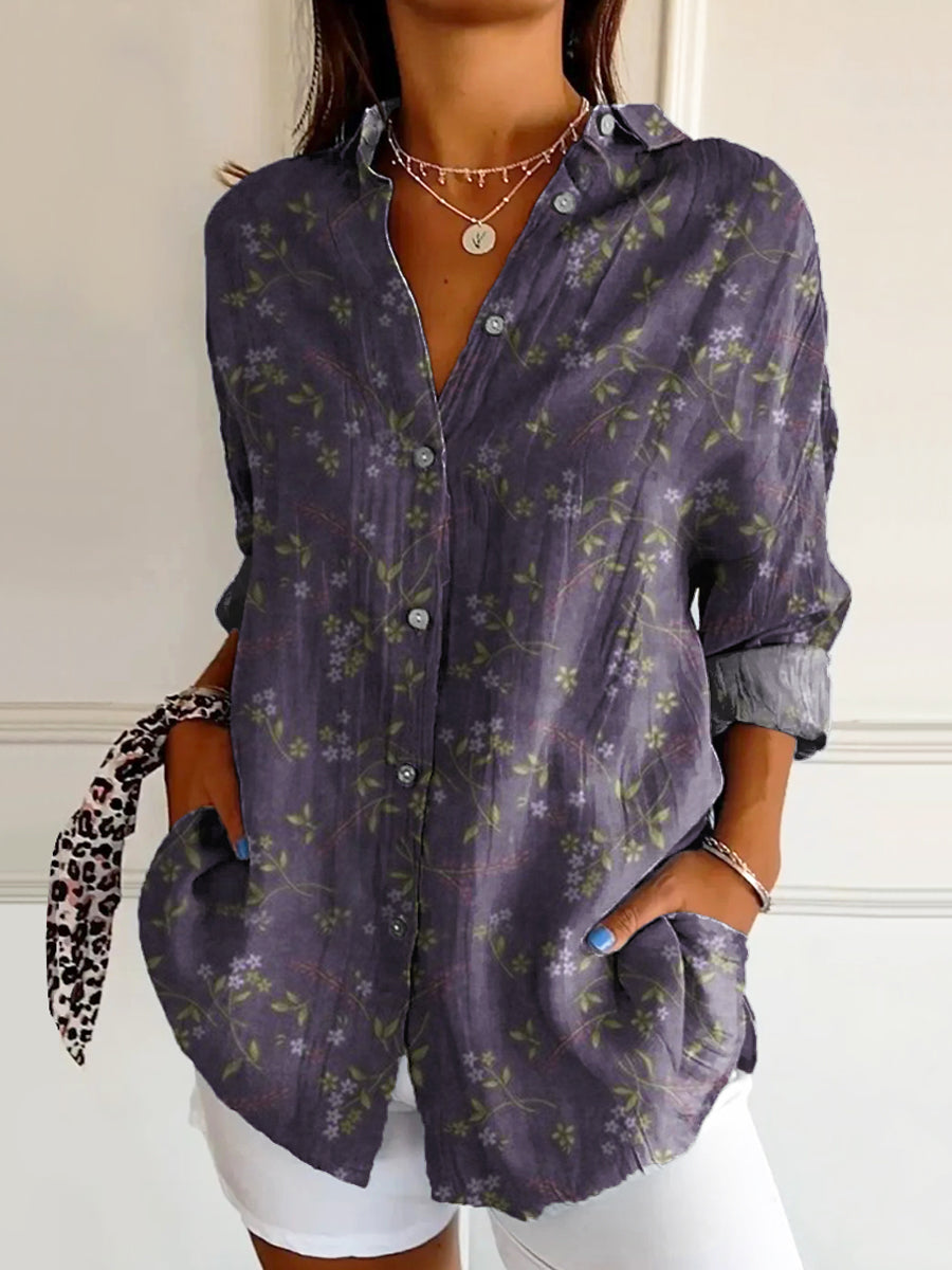 Women's Vintage Floral Art Print Casual Cotton Shirt