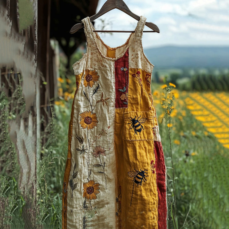 Bee Sunflower Floral Print Embroidery Art Linen Tank Midi Dress artswardrobe