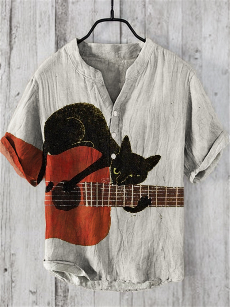 Black Cat Guitarist Art Linen Blend Shirt elevenforest