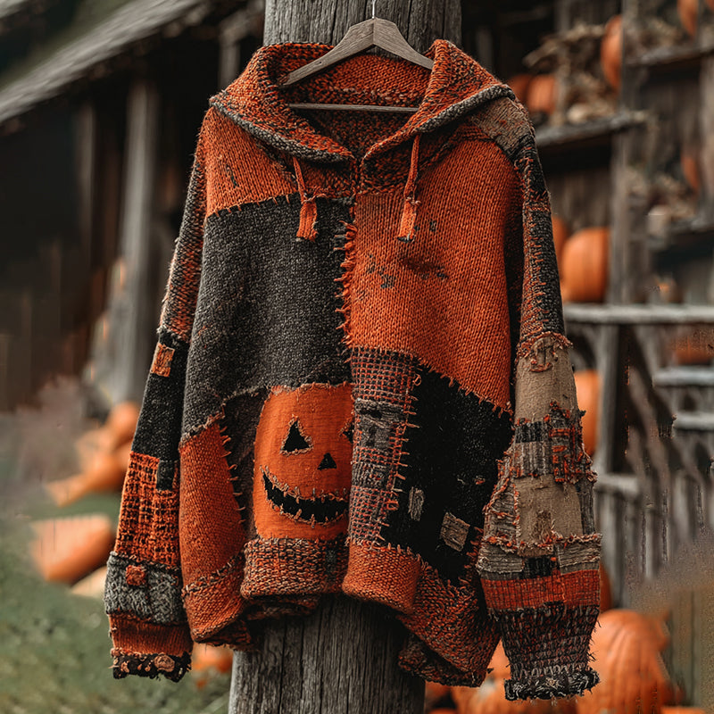 Vintage Patchwork Halloween Pumpkin Face Art Cozy Knit Hooded Sweater artswardrobe