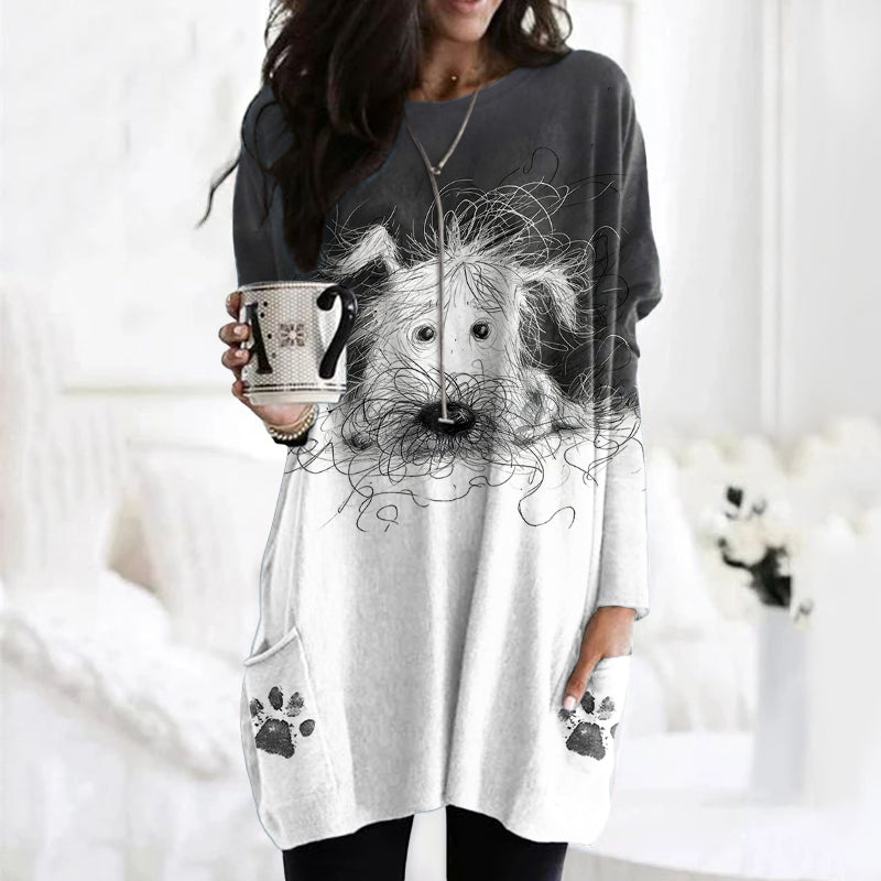 Comstylish Fuzzy Cute Dog Scrawled Puppy Art Paw Print Cozy Tunic