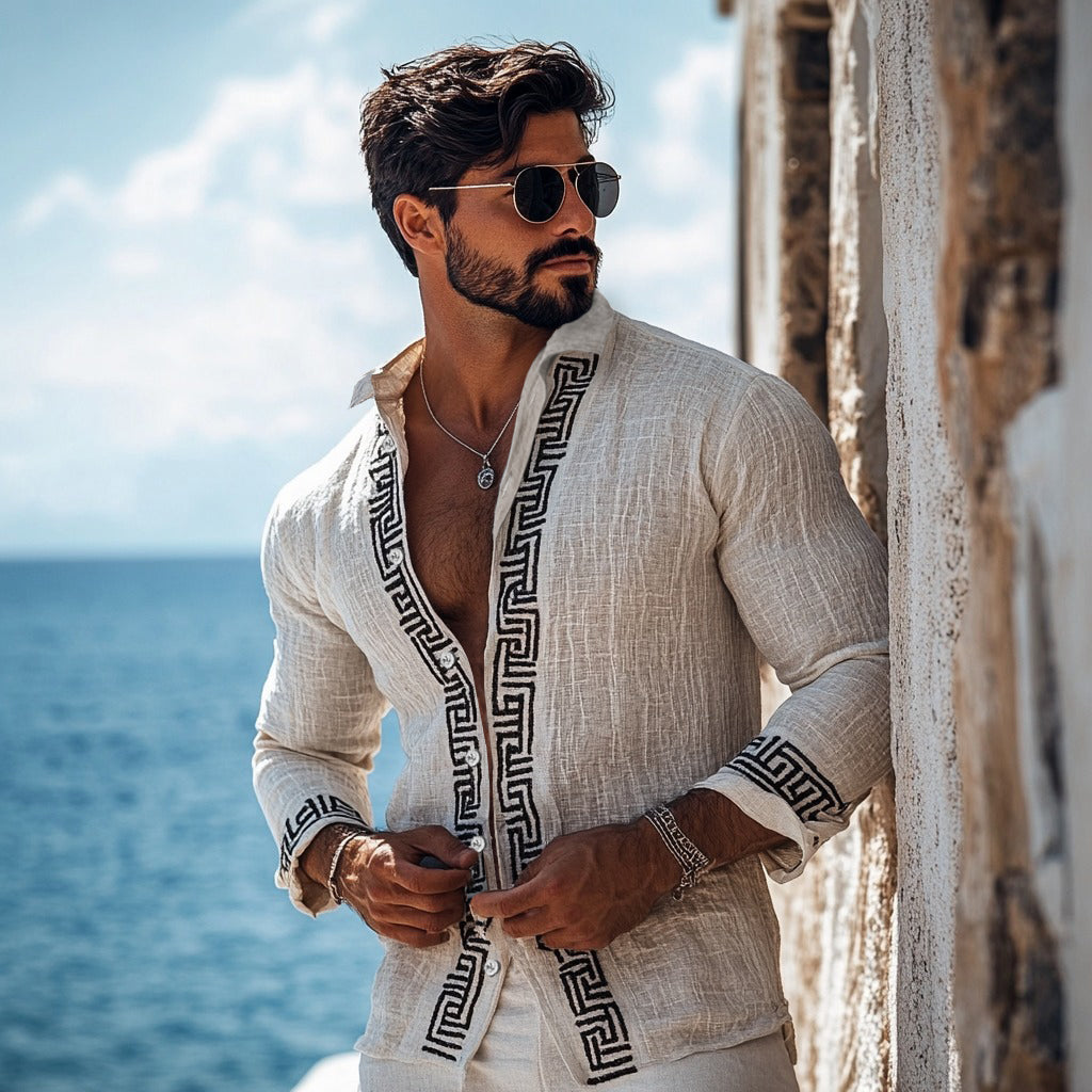 Men's Retro Greek Key Inspired Linen Blend Comfy Blouse artswardrobe