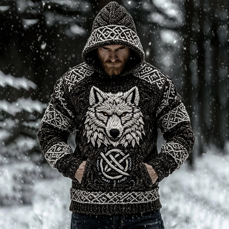 Men's Viking Inspired Wolf Art Knit Pocket Hooded Sweater artswardrobe