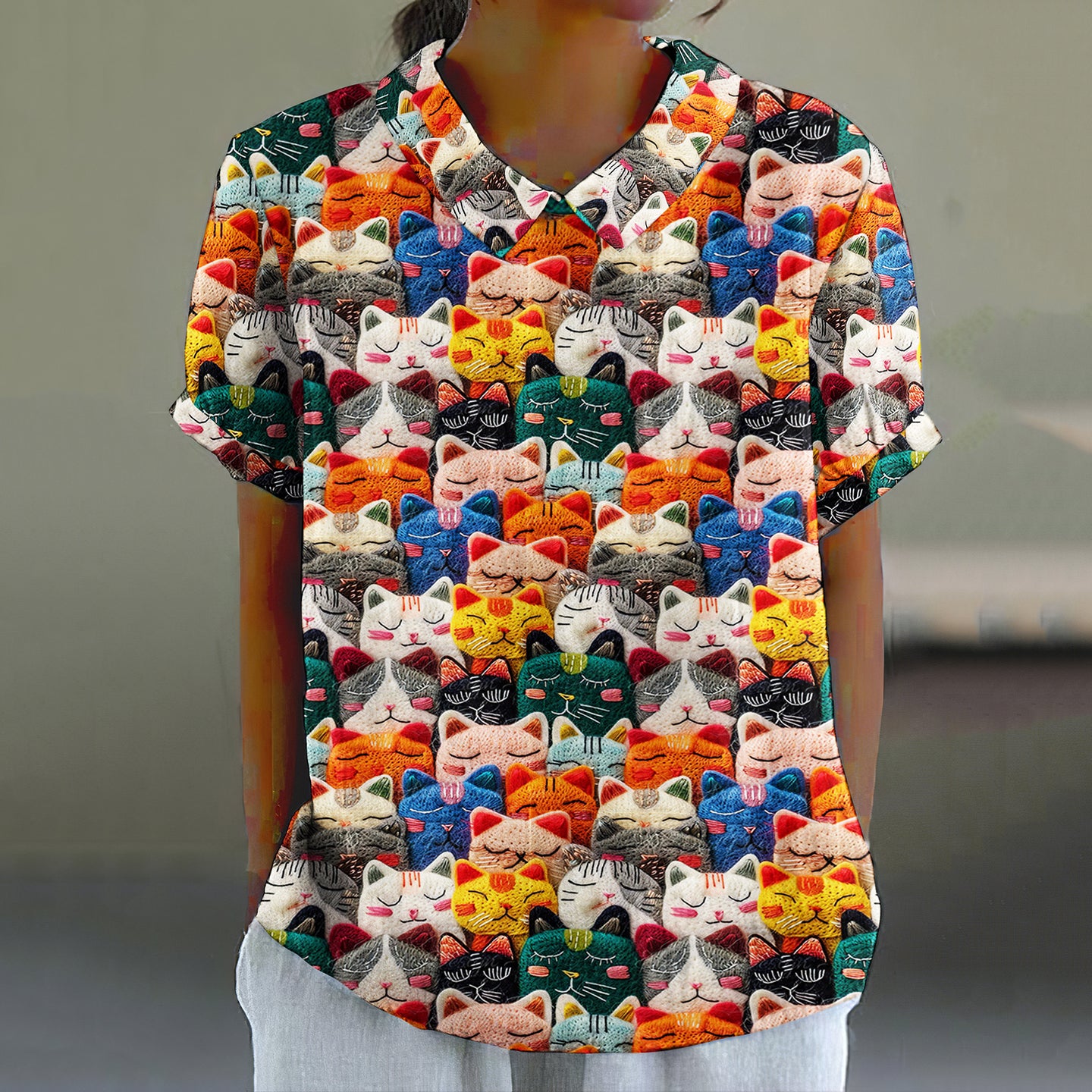 Women's Pop Art Embroidered Cute Cat Print Shirt elevenforest