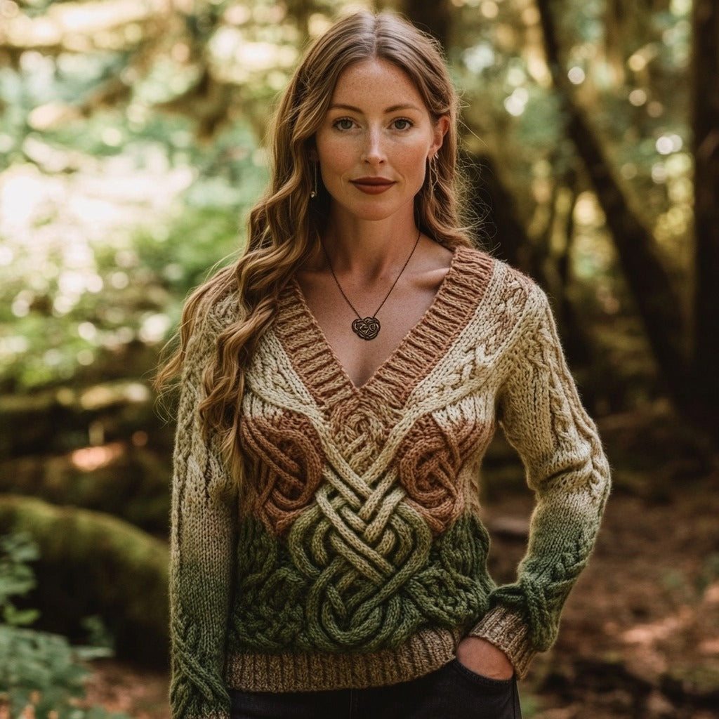 Vintage Gradient Celtic Knot Chunky V-neck Aran Sweater artswardrobe