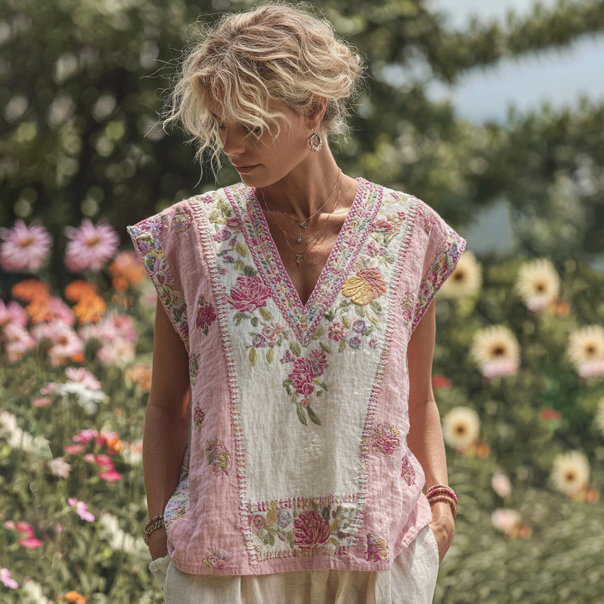 Women's Bohemian Contrast Floral V-neck Tank Top artswardrobe