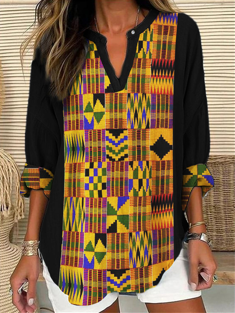 Comstylish Black Pride African Kente Patchwork Linen Blend Tunic