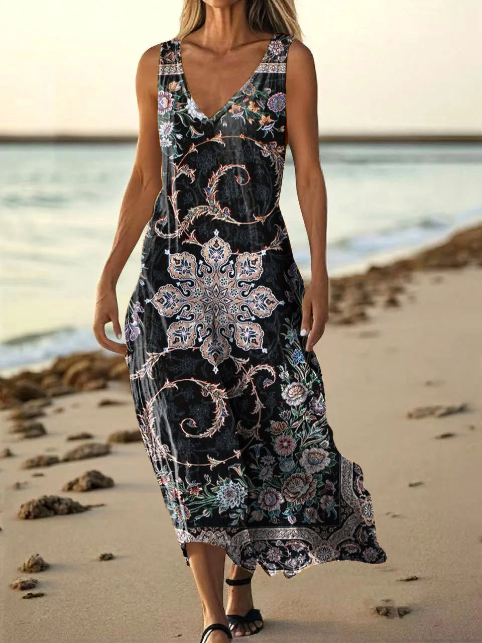 Women's Vintage Ethnic Floral Art Print Pocket Cotton Dress