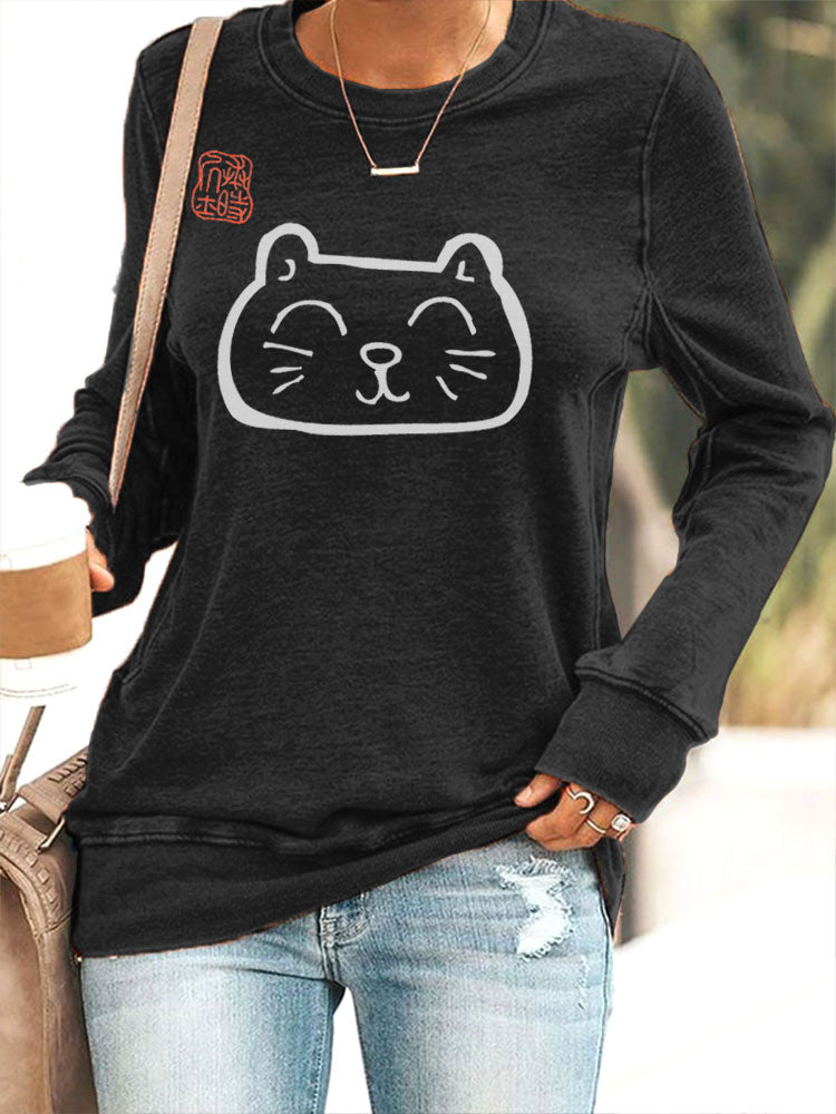 Japanese Art Cat Print Slim Casual Sweatshirt elevenforest