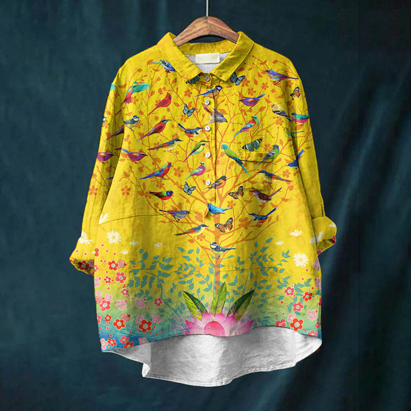 Women's Floral And Bird Print Shirt artswardrobe