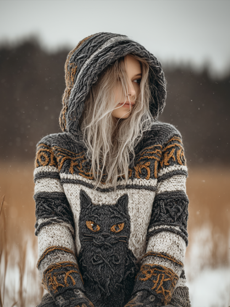 Women's Winter Warm Cat Design Hooded Knitted Sweater artswardrobe