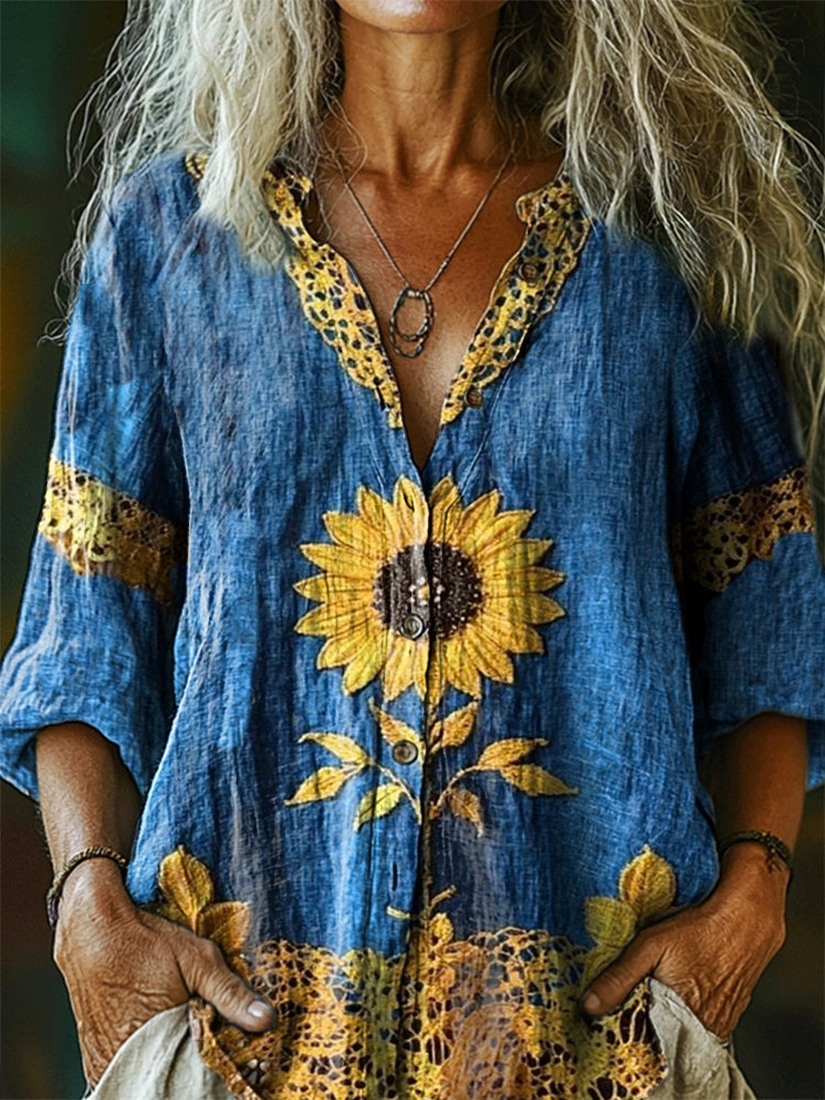 Vintage Sunflower Embellished Pattern Art Print Casual Long Sleeve T-S