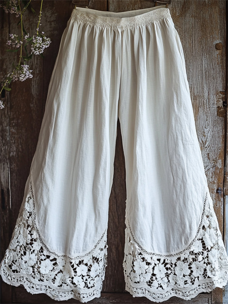 Vintage Boho Floral Lace Hem Wide Leg Linen Pants artswardrobe