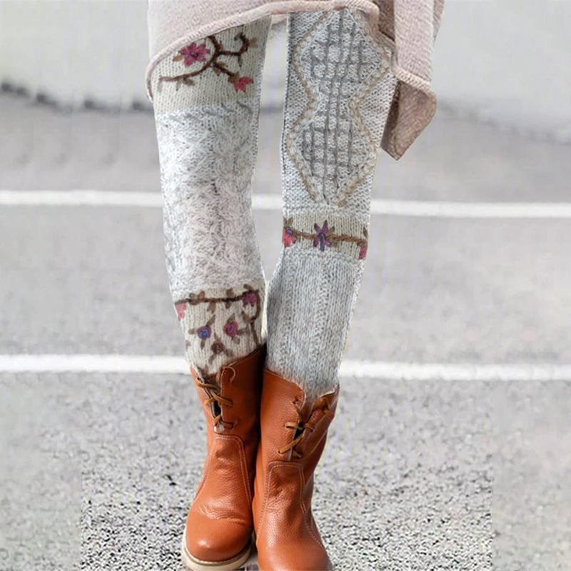 Vintage Floral Knit Patchwork Pattern Comfy Leggings artswardrobe