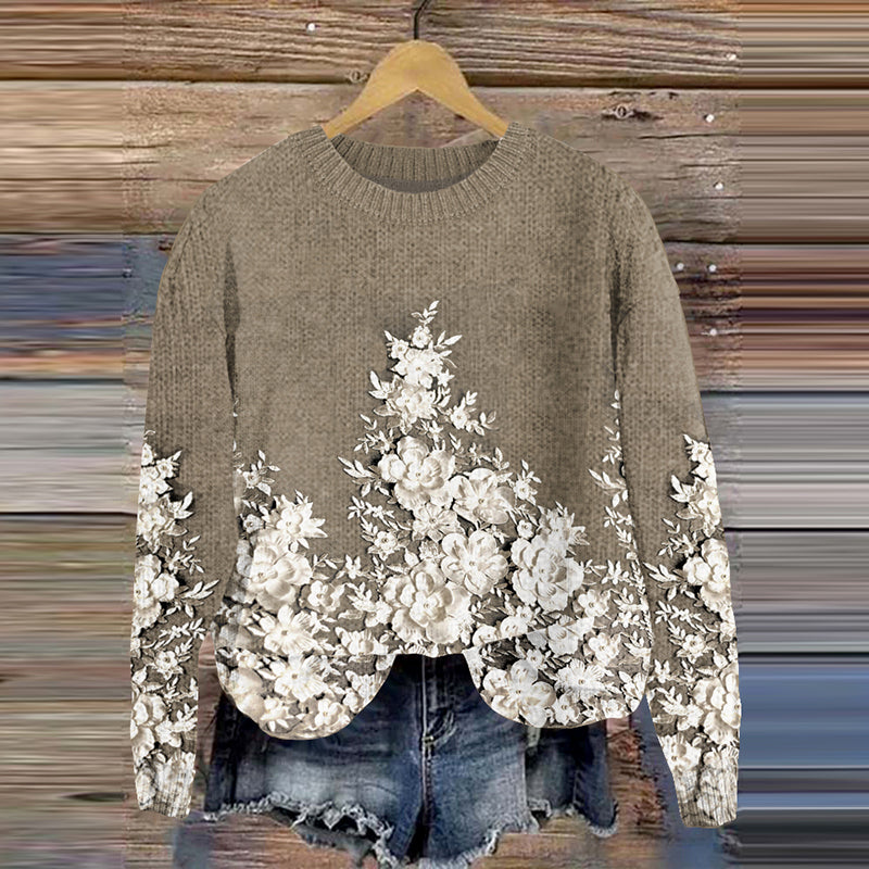 Vintage Floral Embroidered Art Cozy Knit Crew Neck Sweater artswardrobe