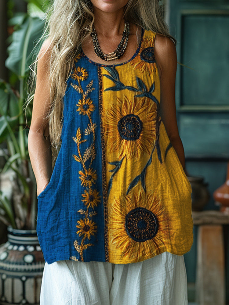 Ethnic Sunflowers Embroidered Contrast Linen Tank Top artswardrobe