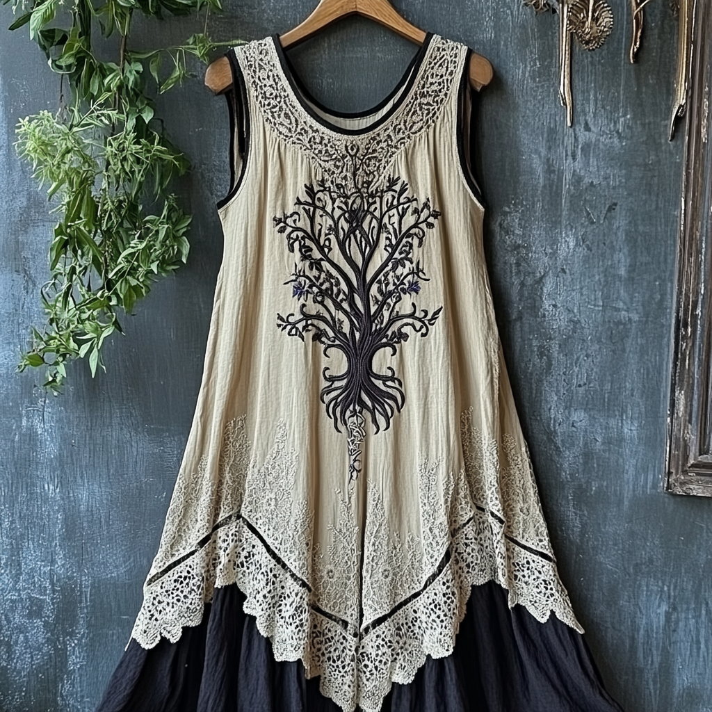 Women's Vintage Tribal Viking Tree Of Life Lace Panel Dress artswardrobe
