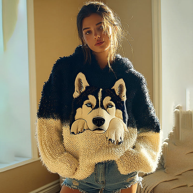 Vintage Cute Fuzzy Husky Dog Felt Art Cozy Knit Hooded Sweater artswardrobe