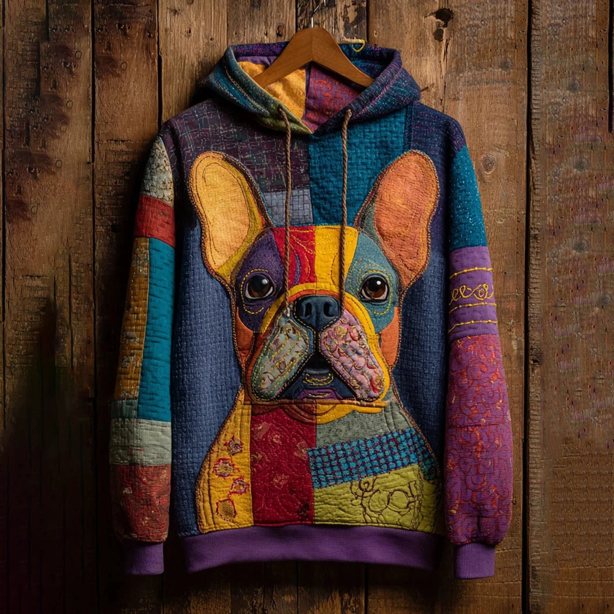 Comstylish Classic Patchwork Lovely Cute Pug French Bulldog Inspired Washed Hoodie