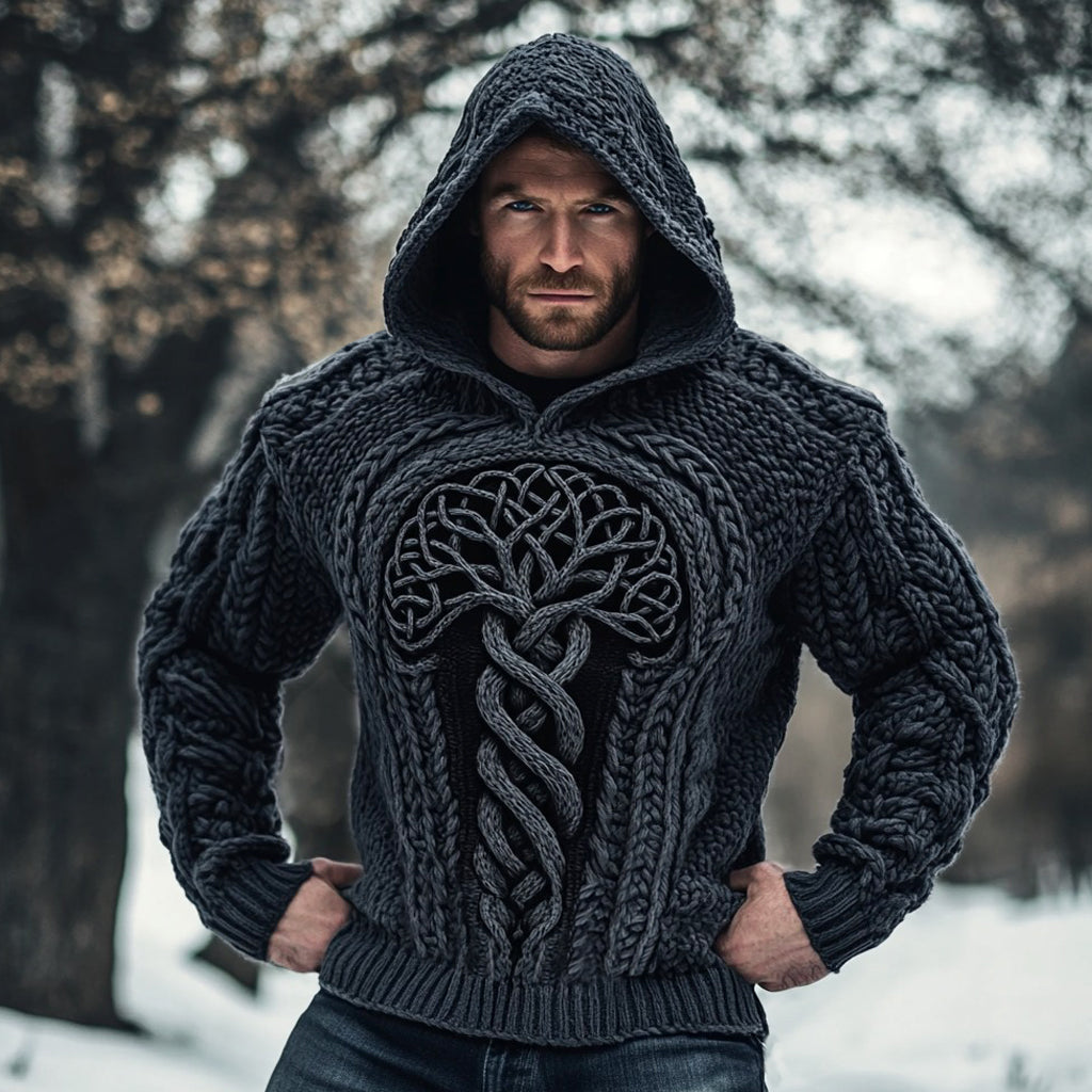 Men's Viking Tribal Tree Of Life Celtic Chunky Cozy Knit Hooded Sweater artswardrobe