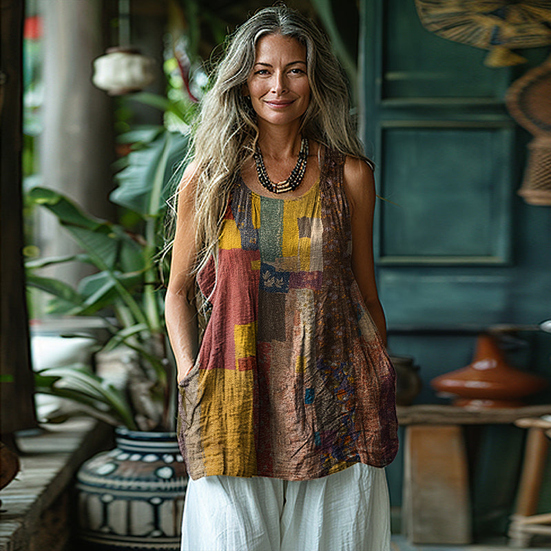 Vintage Patchwork Art Sleeveless Linen Blend Tank Top artswardrobe