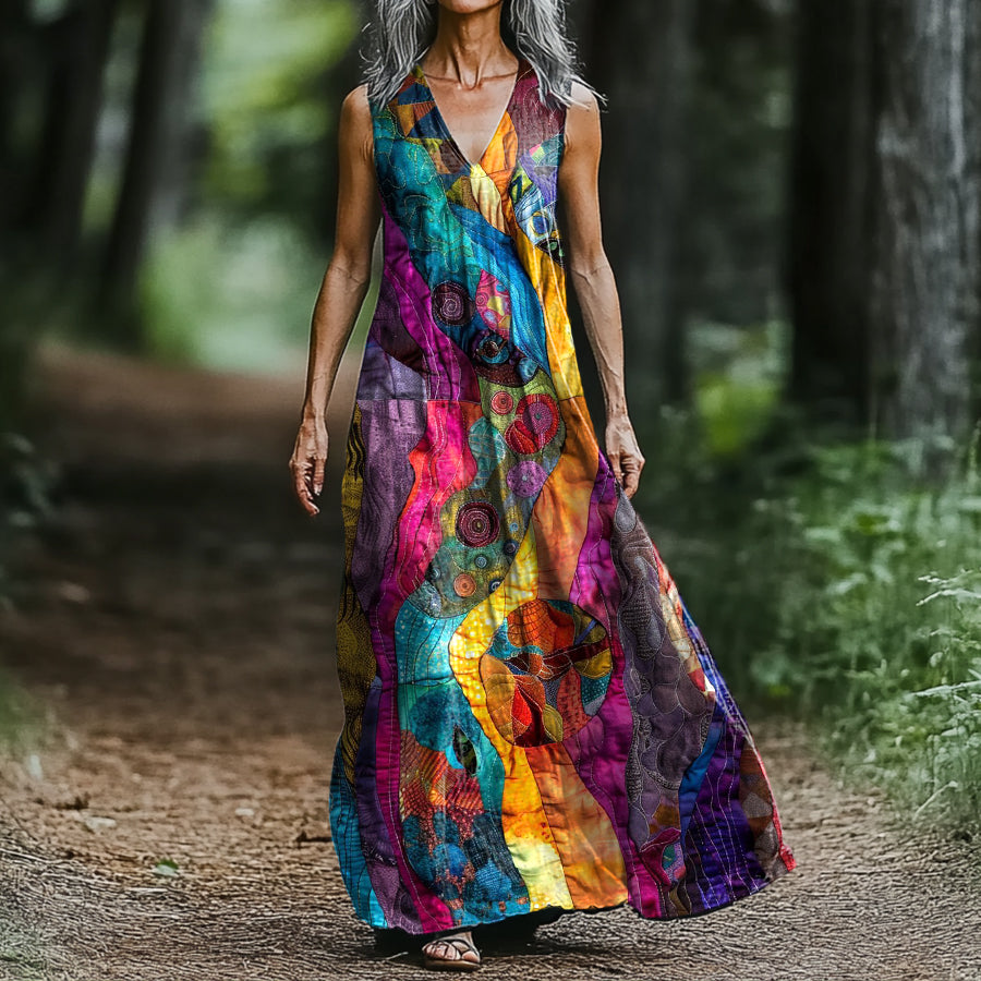 Women's Art Painting Colorful Textile Art Print V Neck Tank Dress