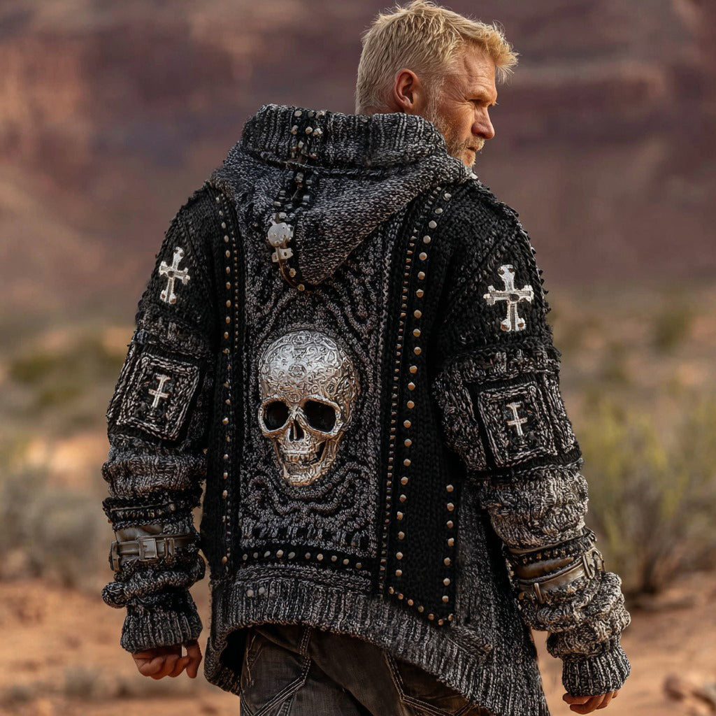Men's Dark Style Skull Cross Inspired Knitted Cozy Zipper Up Hooded Cardigan artswardrobe