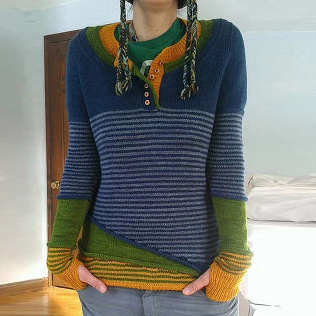 Vintage Striped Colorblock Single Breasted Sweater elevenforest