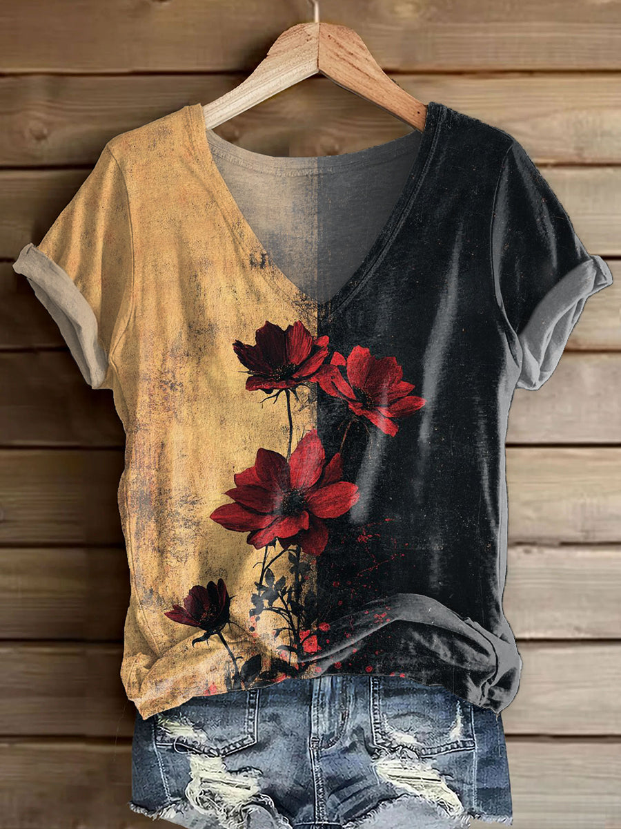Women's Vintage Rose Floral Art Print V-neck Casual T-Shirt