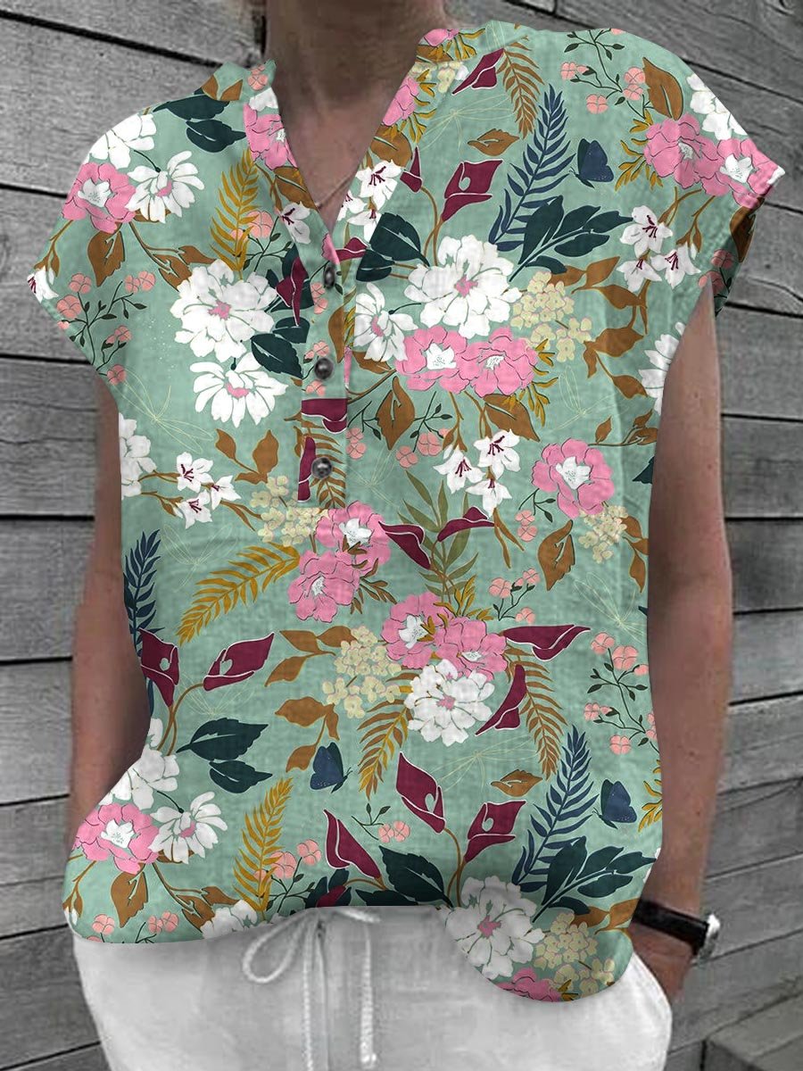Women's Floral Art Casual Cotton Shirt Tops