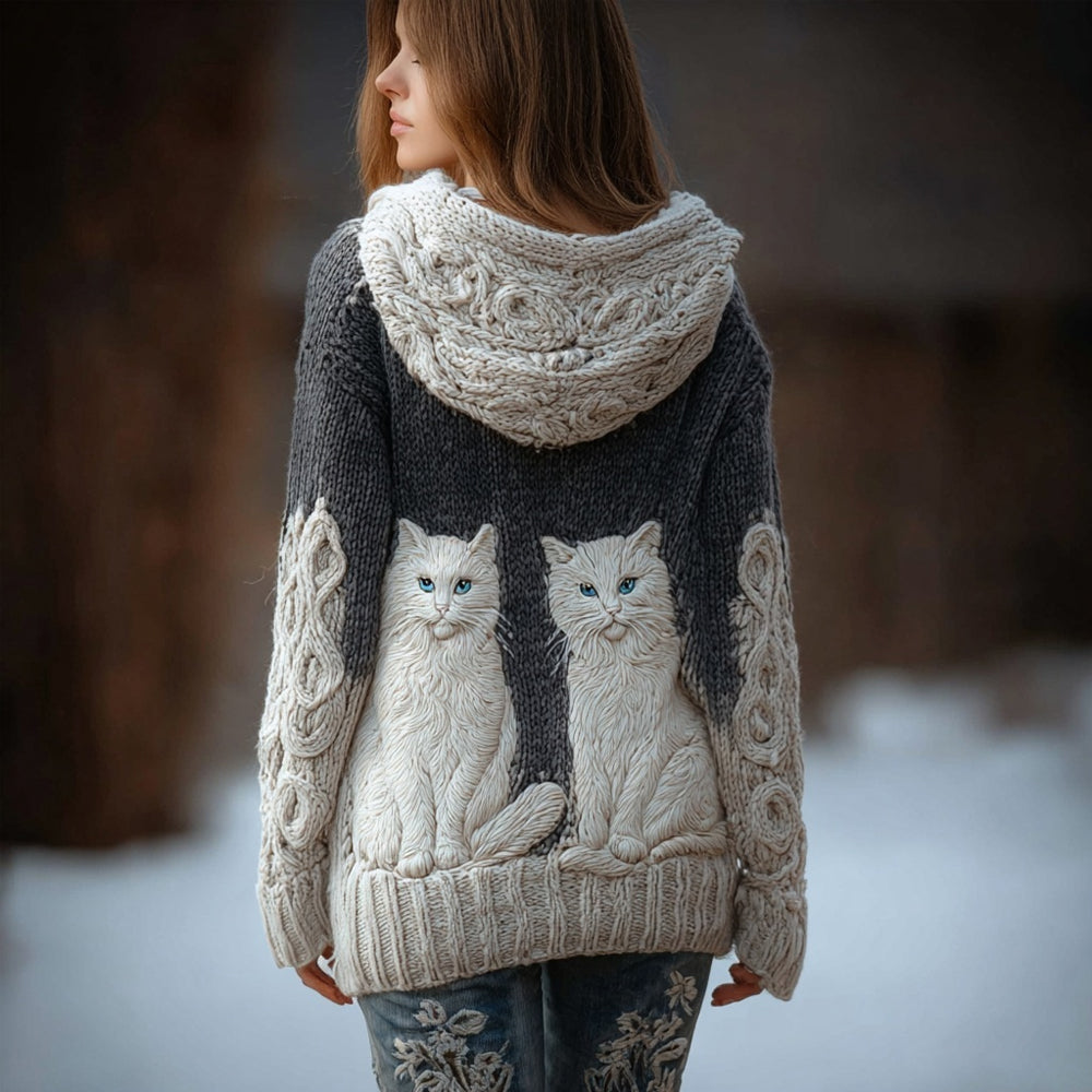 Vintage Cute Cats Embroidered Cozy Hooded Cardigan elevenforest
