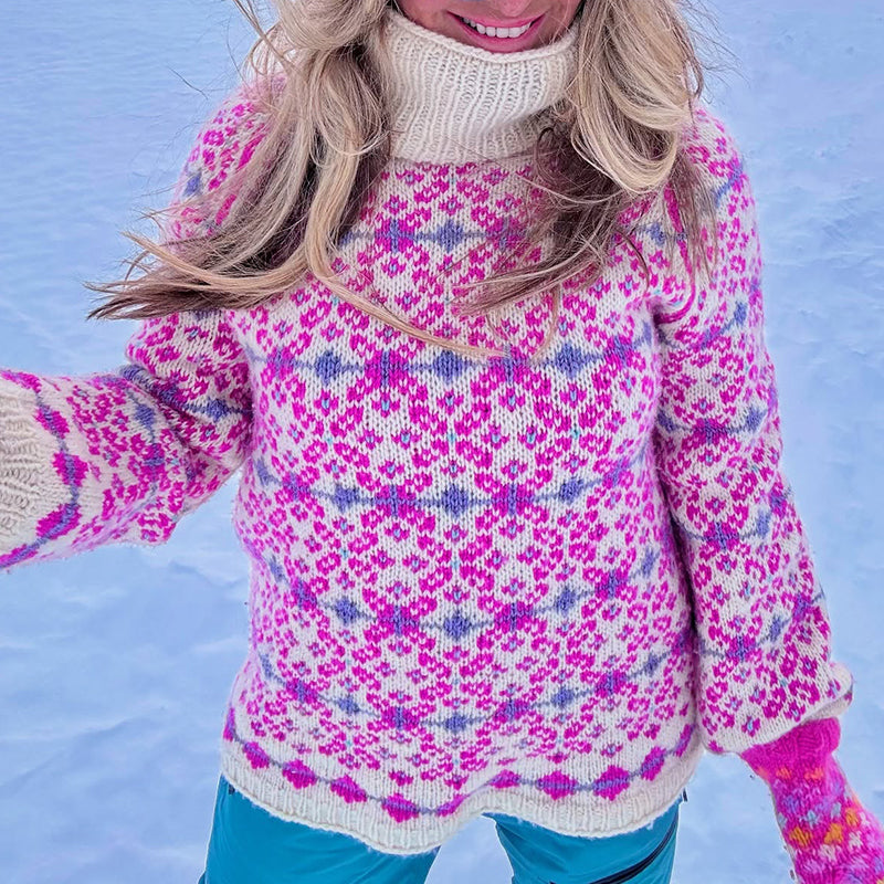 Women's Nordic Geometric Snowflake Chunky Turtleneck Sweater artswardrobe
