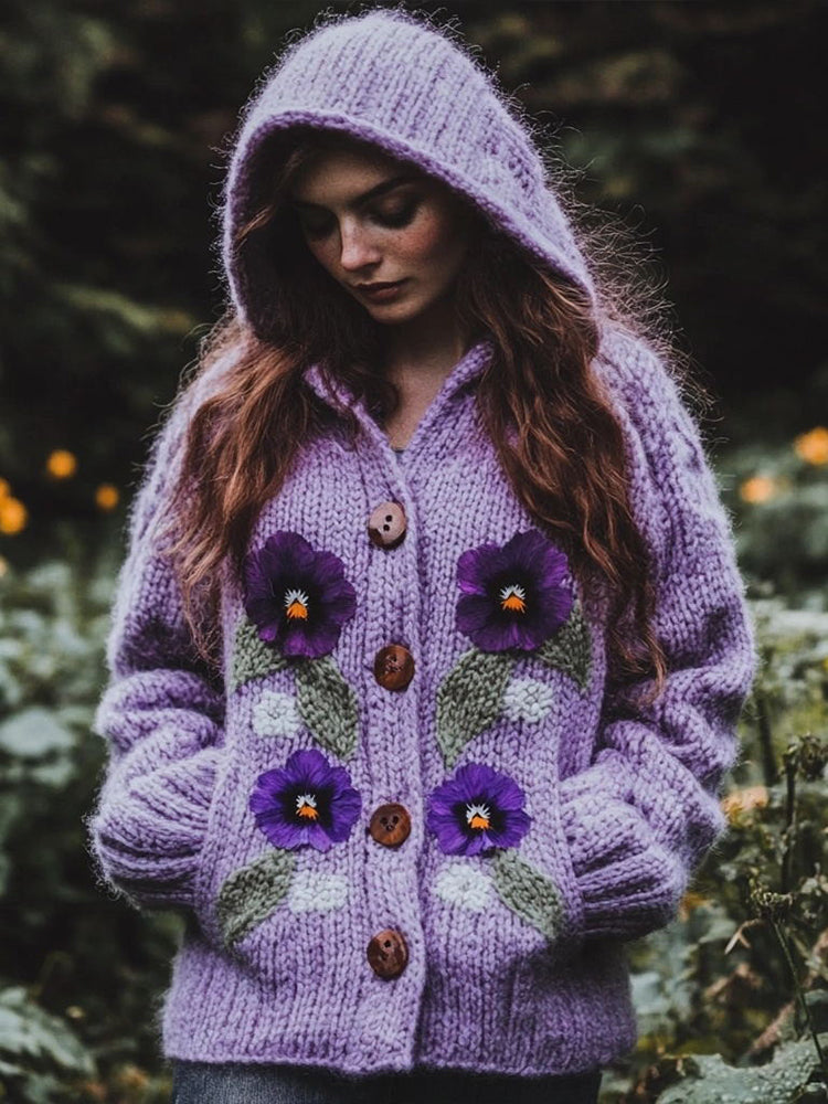 Women's Purple Floral Jacquard Cozy Soft Knit Hooded Cardigan elevenforest